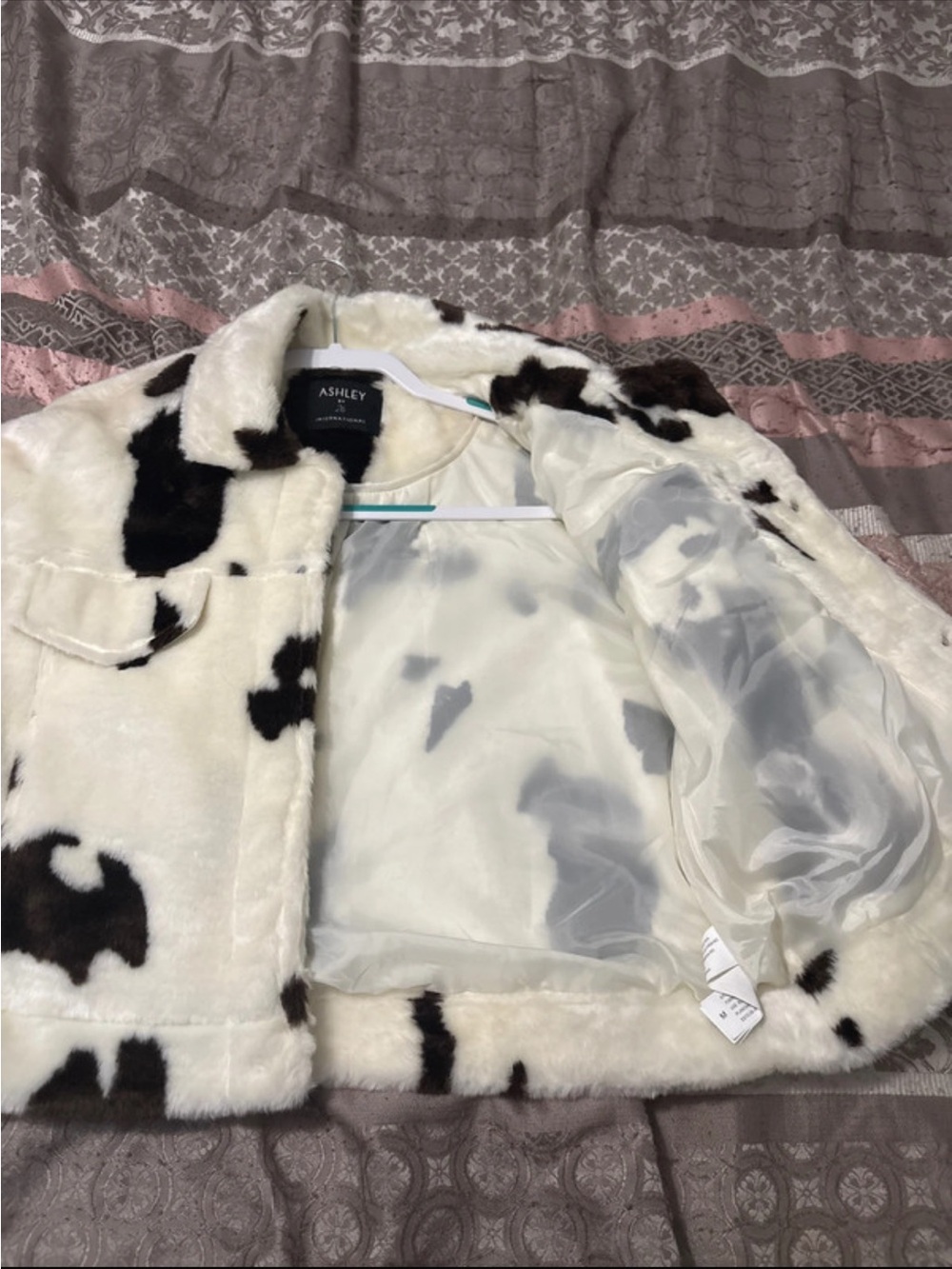 Ashley By 26 International Cream & Brown Faux Fur Cow-Print Teddy Jacket - Picture 2 of 3